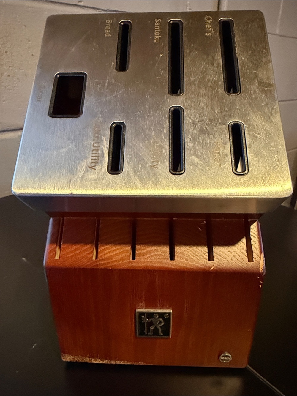 J A HINKLES Stainless Steel and Wood Knife Block - Brown and Silver